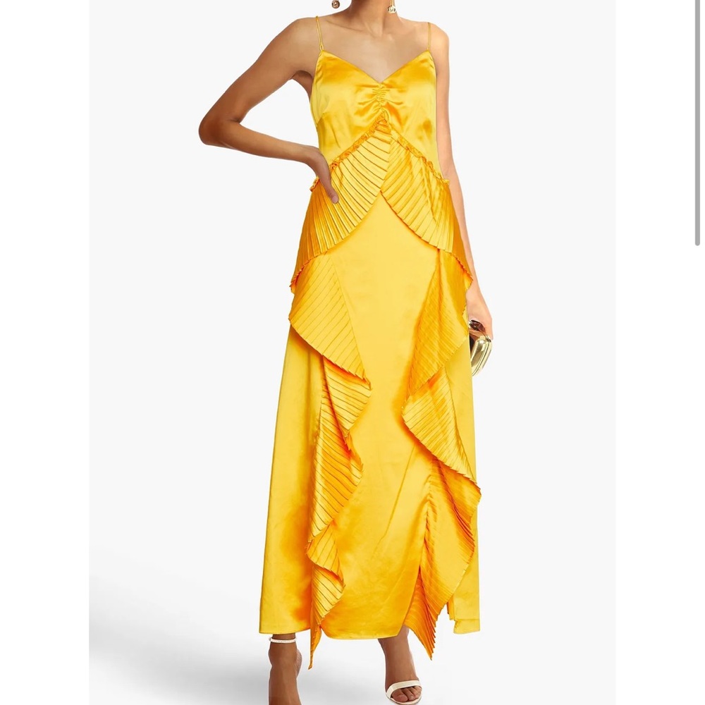 AMUR Pleated ruffled satin maxi slip dress